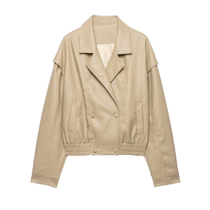 Damen Cropped Lederimitat-Blouson mit doppelreihiger Knopfleiste, weitem Revers und elastischem Saum Nord Taschen