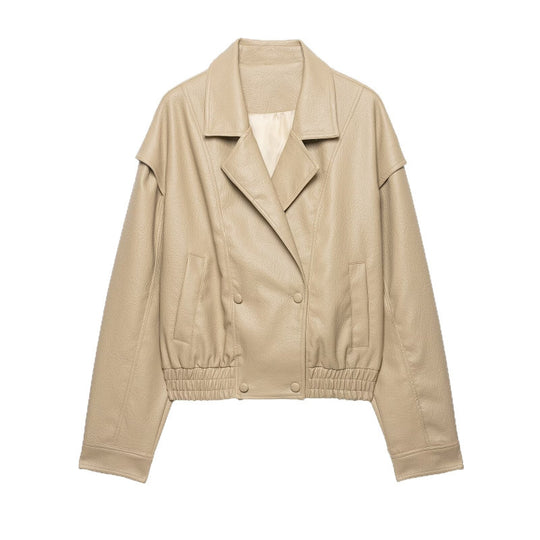 Damen Cropped Lederimitat-Blouson mit doppelreihiger Knopfleiste, weitem Revers und elastischem Saum Nord Taschen
