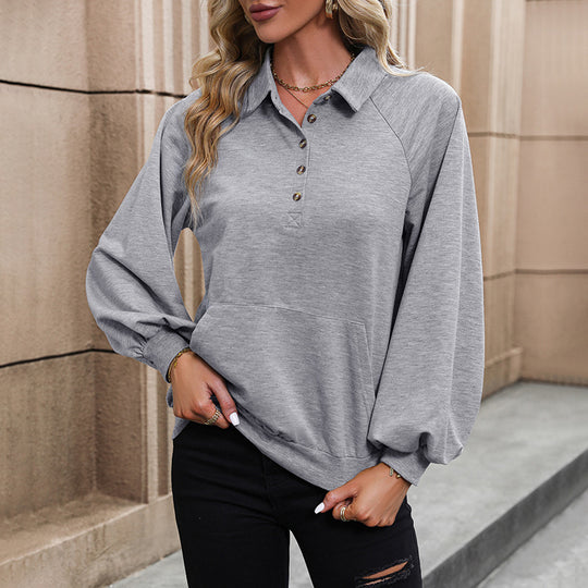 Damen Polokragen-Sweatshirt mit Knopfleiste, Raglanärmeln und Kängurutasche Nord Taschen
