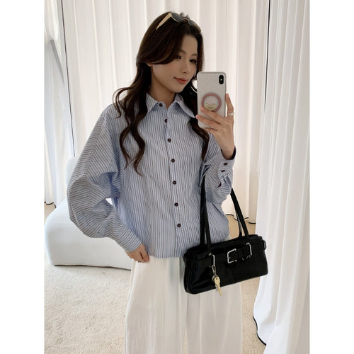 Damen Oversized Hemdbluse mit Streifenmuster und Ballonärmeln Nord Taschen