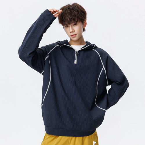 Unisex Oversize Waffelstruktur-Halbzip-Hoodie mit Raglanärmeln und Kontrastpaspeln Nord Taschen