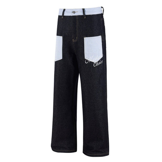 Damen Weite Denim-Hose im Culotte-Stil mit Karomuster-Taschen und hoher Taille Nord Taschen