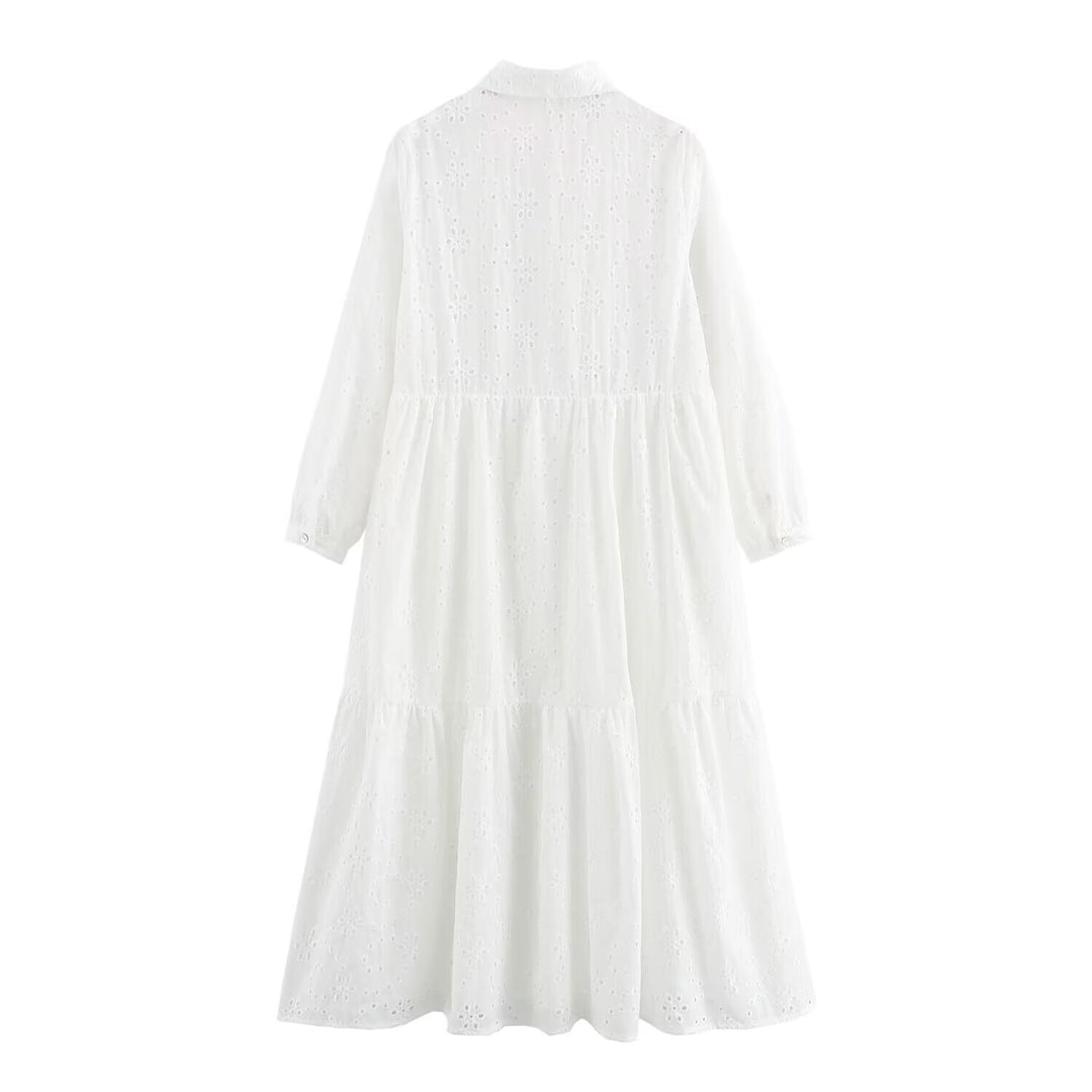 Damen Broderie-Anglaise Hemdblusenkleid mit Stufenrock Nord Taschen