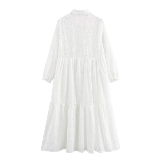 Damen Broderie-Anglaise Hemdblusenkleid mit Stufenrock Nord Taschen