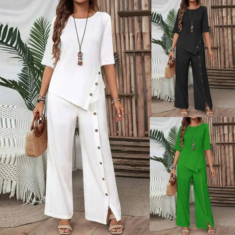 Damen asymmetrisches zweiteiliges Lounge-Set mit 3/4-Ärmeln und seitlicher Knopfverzierung Nord Taschen