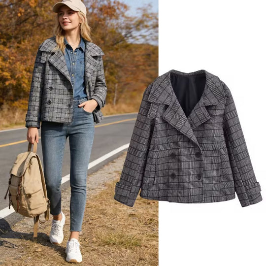 Damen Cropped Doppelreiher-Blazer im Glencheck mit oversized Revers und Umschlagärmeln Nord Taschen
