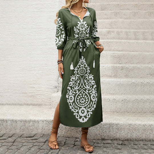 Damen Maxikleid mit Ethno‑Print, V‑Ausschnitt, knöchellanger Schnitt und Bindegürtel Nord Taschen