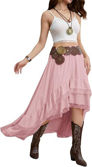 Damen Boho Maxi-Rock mit asymmetrischem Saum und Spitzenverzierungen