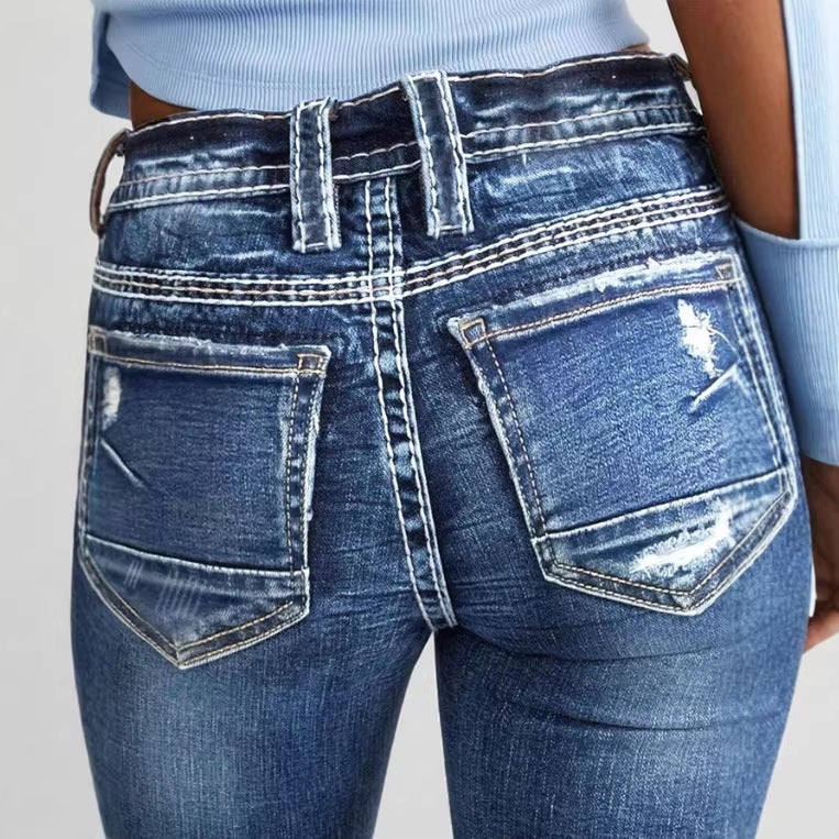Damen Bootcut-Jeans mit sculptendem V-Bund, dekorativer Kontraststeppung und Vintage-Wash Nord Taschen
