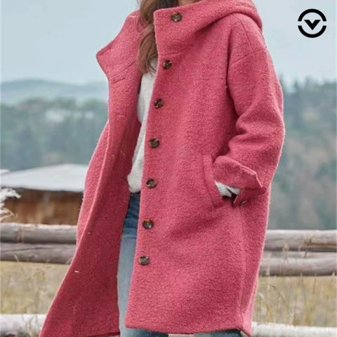 Damen Bouclé-Kapuzenmantel im Oversize-Schnitt mit verdeckter Knopfleiste Nord Taschen