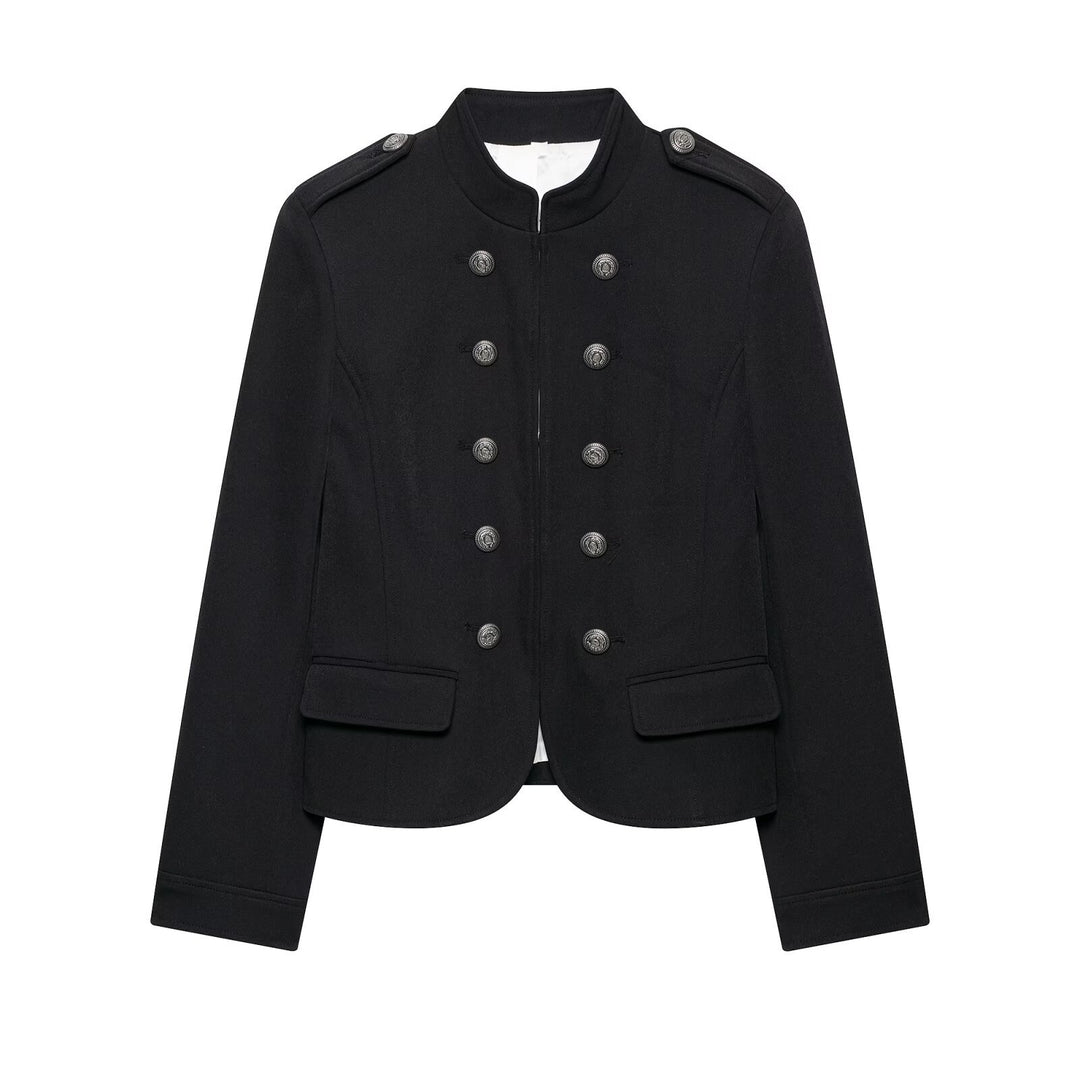 Damen Taillierte Military-Shortjacke mit Stehkragen und Doppelreihe Nord Taschen