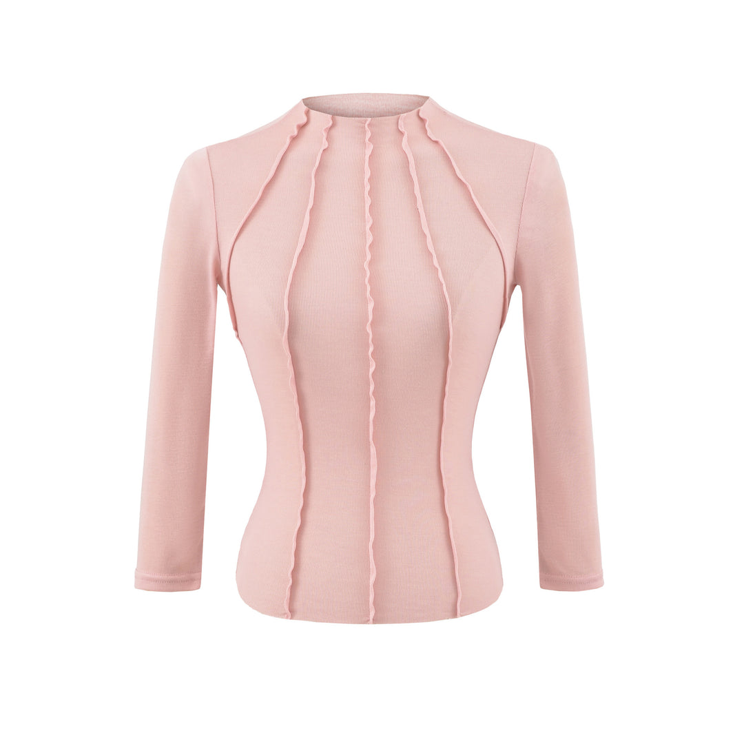 Damen Figurbetontes Langarmshirt mit Stehkragen und Zier-Volants Nord Taschen