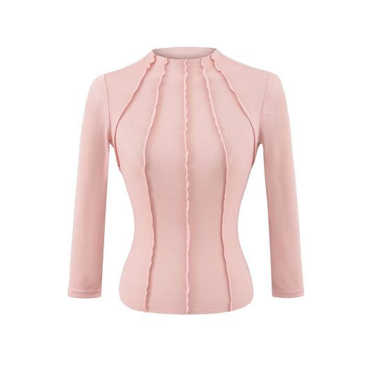 Damen Figurbetontes Langarmshirt mit Stehkragen und Zier-Volants Nord Taschen