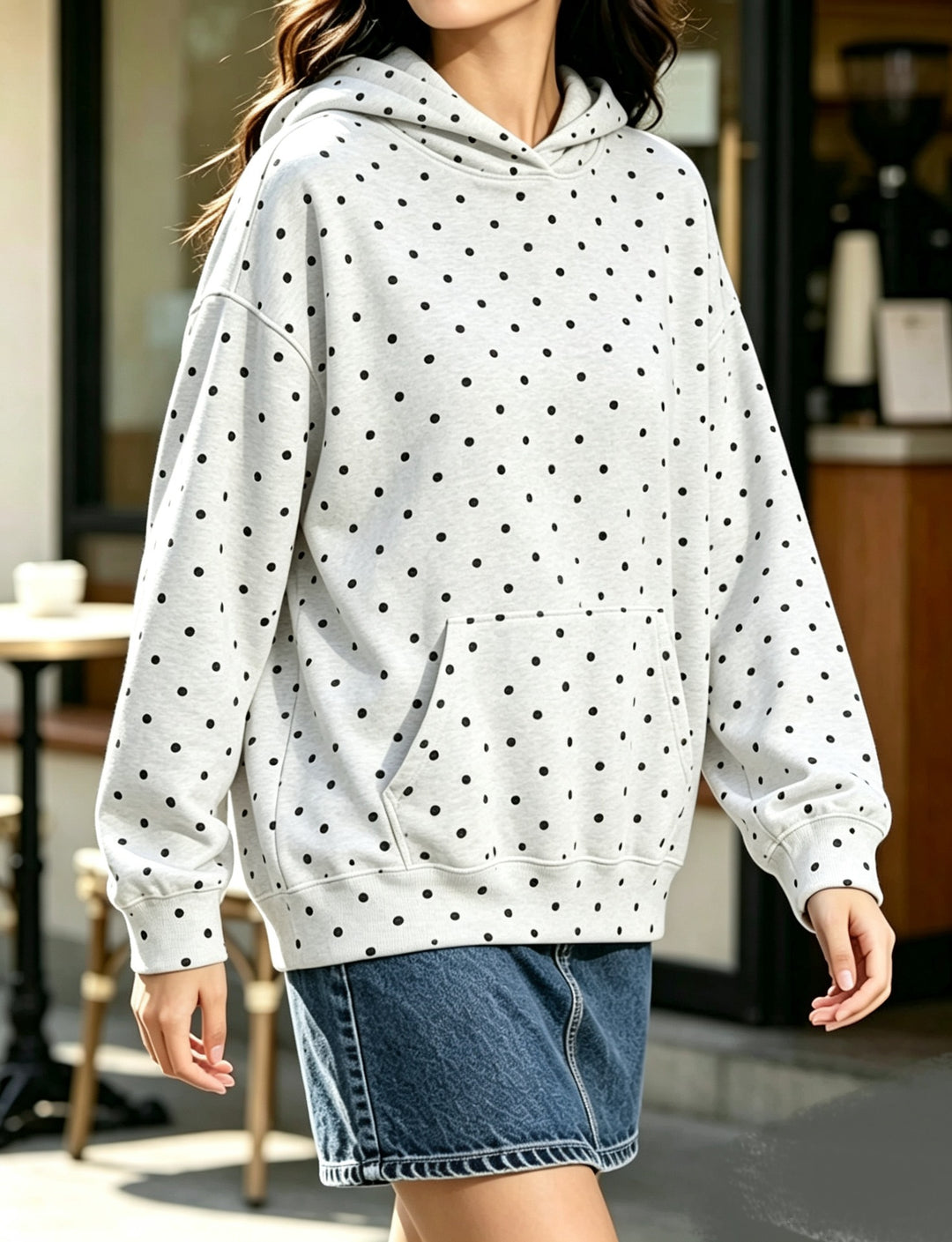 Damen Oversize-Kapuzenpullover mit Leomuster, Kängurutasche und überschnittener Schulter Nord Taschen