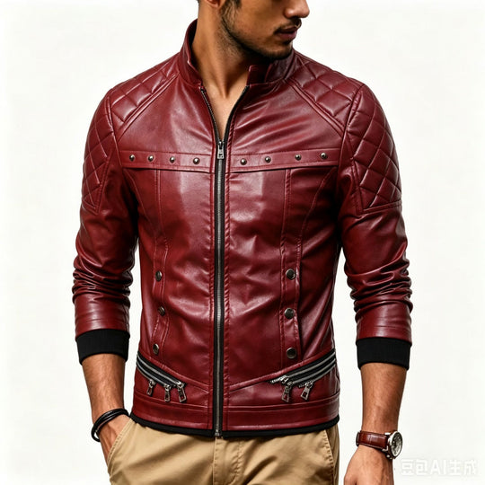 Herren Biker-Lederjacke mit gesteppter Schulter, voluminösem Fellkragen und Zierreißverschlüssen Nord Taschen
