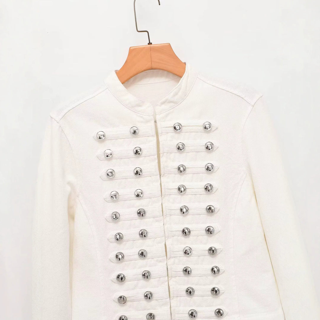Damen Jeansjacke im Militärstil mit Stehkragen und dekorativen Zierknopfleisten Nord Taschen
