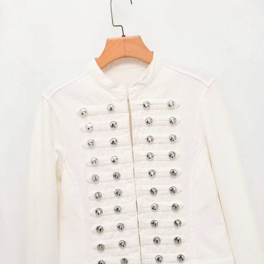 Damen Jeansjacke im Militärstil mit Stehkragen und dekorativen Zierknopfleisten Nord Taschen