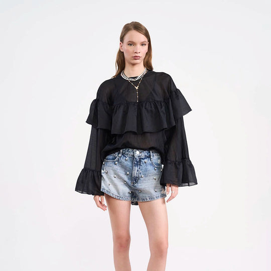 Damen Transparente Volantbluse mit doppelter Rüsche und Glockenärmeln Nord Taschen