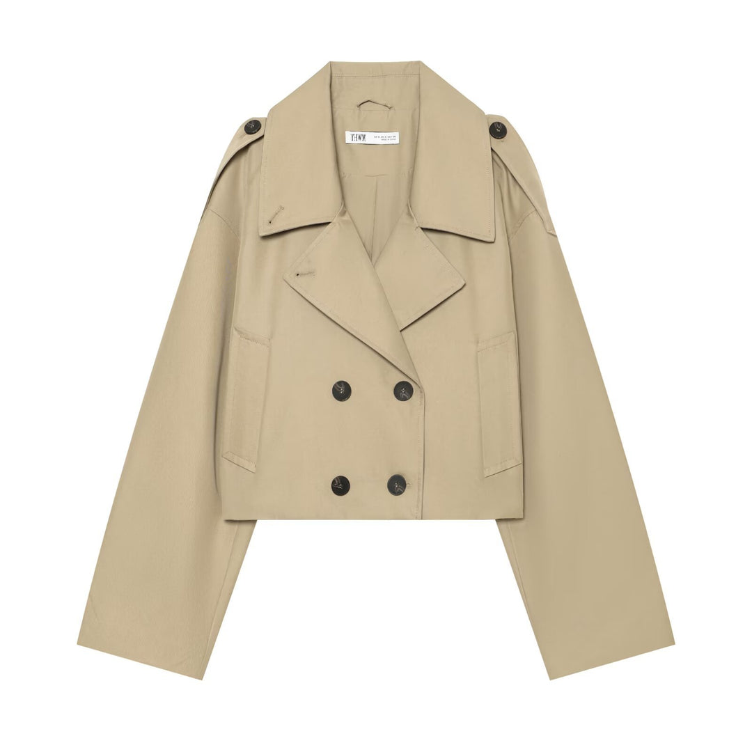 Damen Kurzjacke im Trenchstil mit Boxy-Schnitt, Doppelreihe und Schulterklappen Nord Taschen