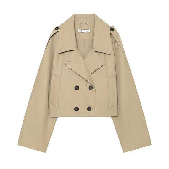 Damen Kurzjacke im Trenchstil mit Boxy-Schnitt, Doppelreihe und Schulterklappen Nord Taschen