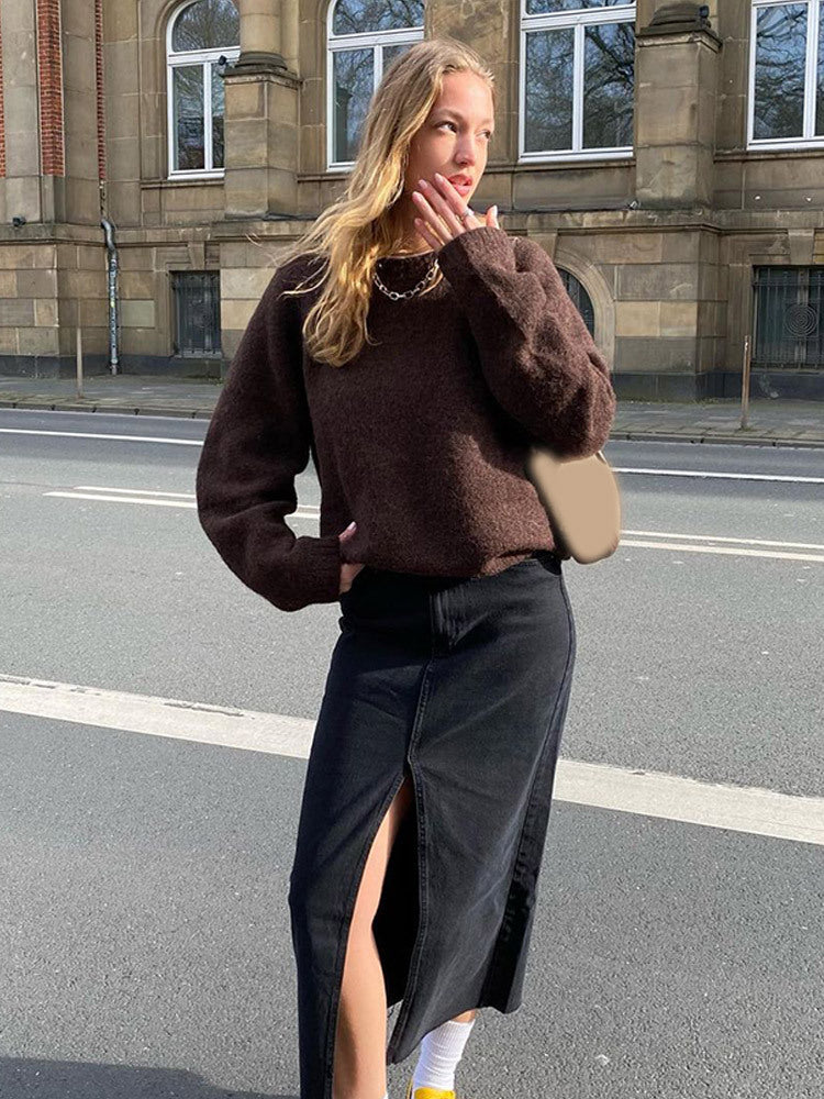 Damen Denim-Midirock mit hoher Taille, Frontschlitz und geradem Schnitt Nord Taschen