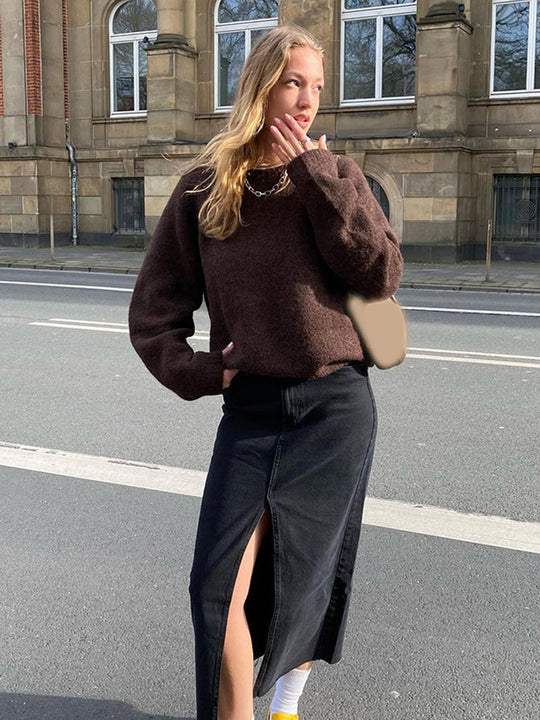 Damen Denim-Midirock mit hoher Taille, Frontschlitz und geradem Schnitt Nord Taschen