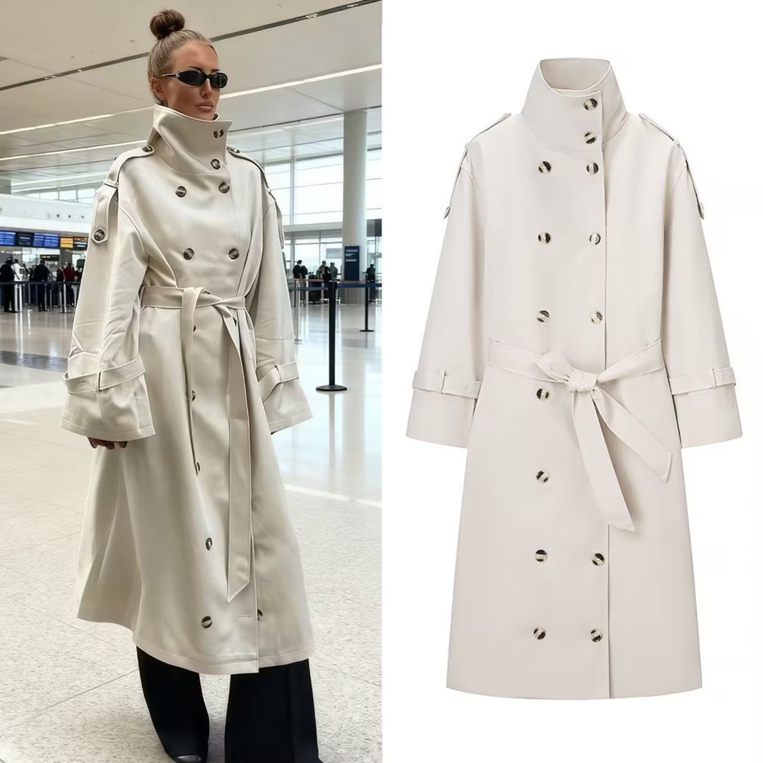 Damen Langer doppeltgereihter Trenchcoat mit hohem Stehkragen und Taillengürtel Nord Taschen