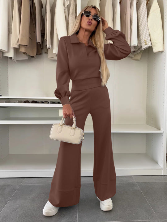 Damen Zweiteiliges Lounge-Set mit Polokragen und taillenhoher Palazzohose Nord Taschen