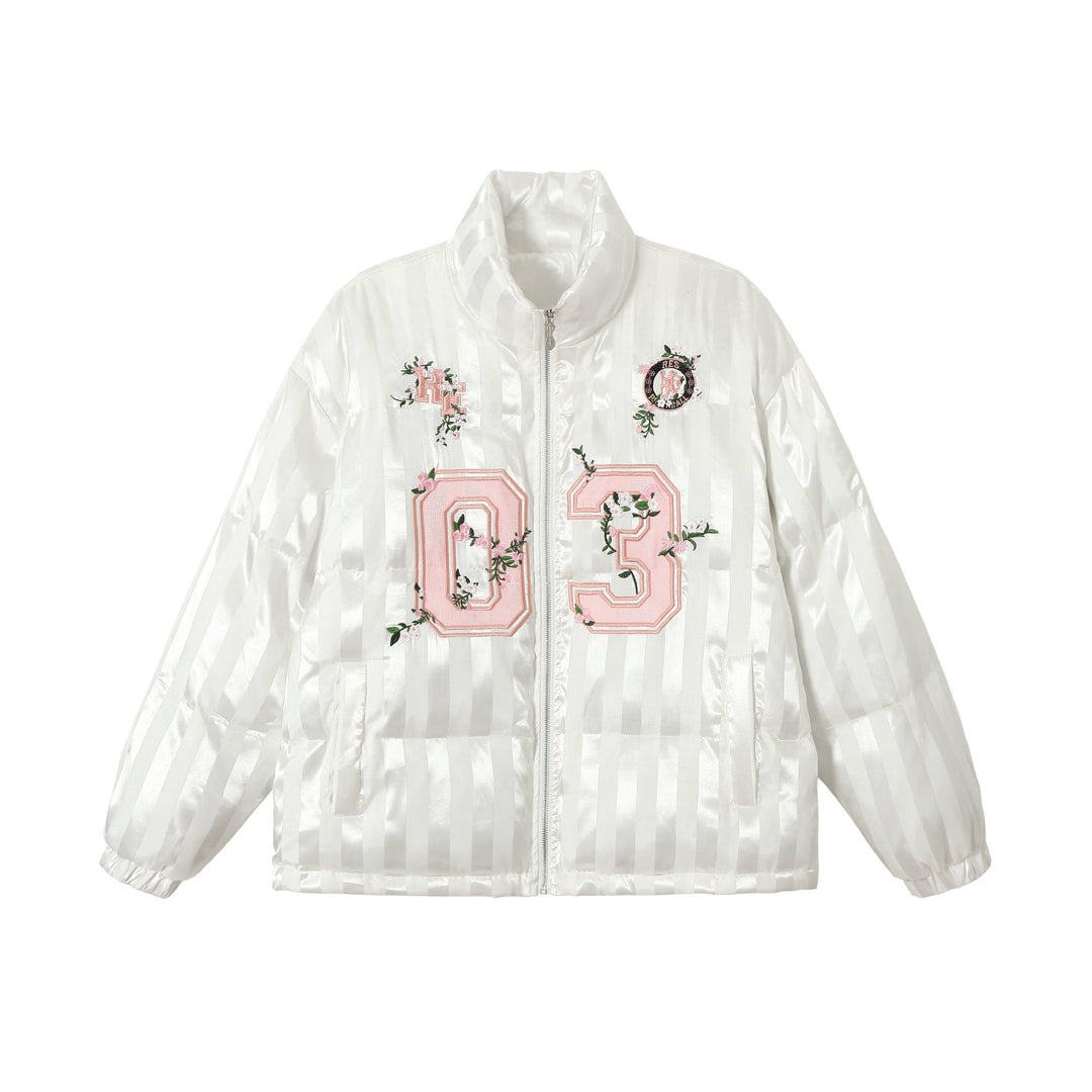 Damen Boxy gesteppte Satin‑Pufferjacke mit floralem Stickdetail Nord Taschen