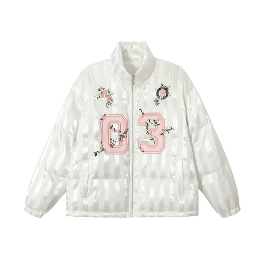 Damen Boxy gesteppte Satin‑Pufferjacke mit floralem Stickdetail Nord Taschen