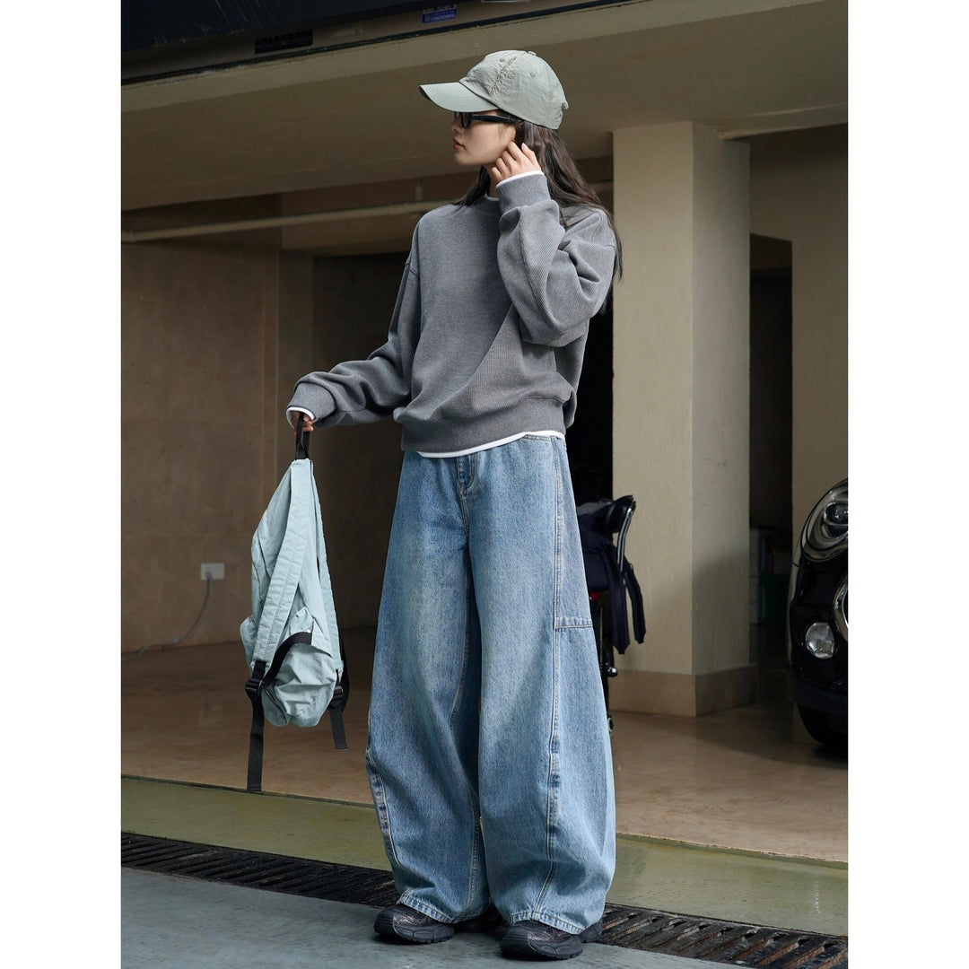 Damen Oversize Waffelstrick Sweatshirt mit Rundhals und überschnittenen Schultern Nord Taschen