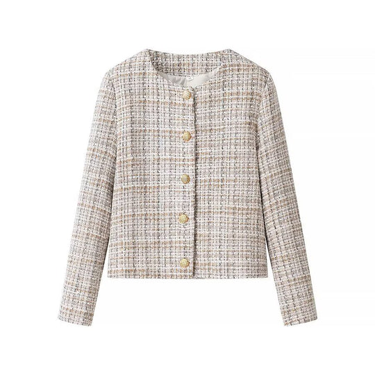 Damen Kurzjacke aus Bouclé‑Tweed mit rundem Ausschnitt und dekorativen Goldknöpfen Nord Taschen