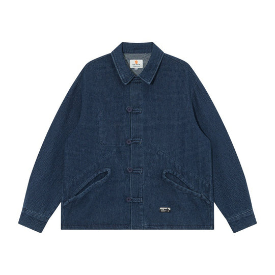Herren Kurz geschnittene Denim-Chorejacke im Boxy-Blousonstil mit chinesischer Knebelknopfleiste Nord Taschen