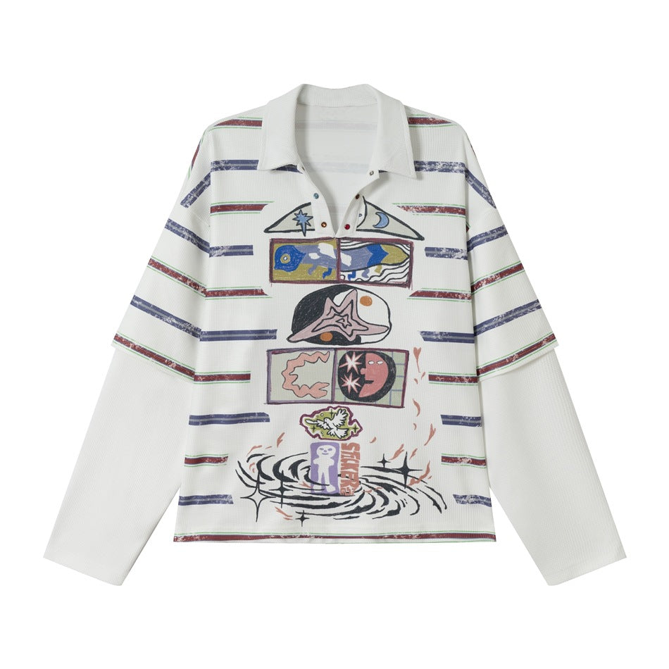 Damen Waffel-Polo-Shirt mit Grafik-Print, Streifen und halber Druckknopfleiste Nord Taschen