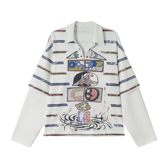 Damen Waffel-Polo-Shirt mit Grafik-Print, Streifen und halber Druckknopfleiste Nord Taschen