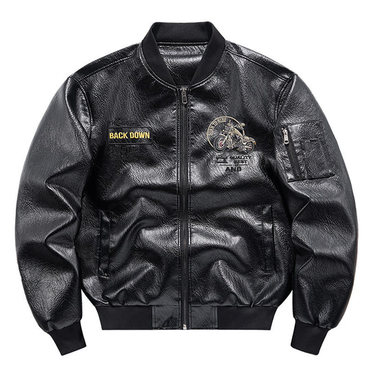Herren Kunstleder‑Bomberjacke mit wärmender Fleece‑Innenfütterung, Motorrad‑Stickerei und Ärmeltasche Nord Taschen