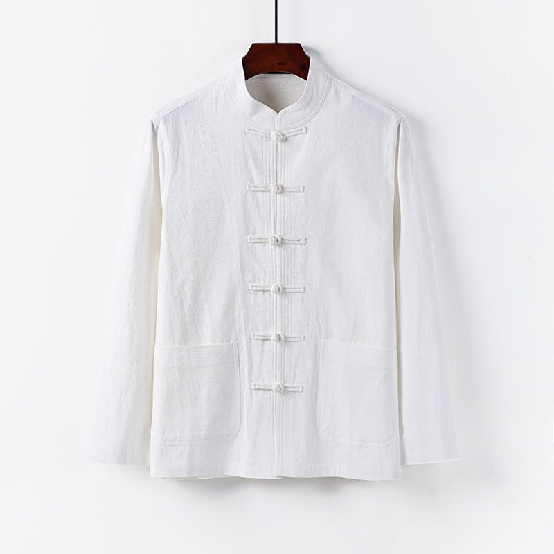 Herren traditionelle Tang-Jacke mit Stehkragen und Knotenknöpfen aus Leinenmischung Nord Taschen