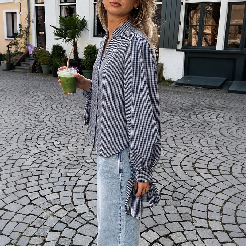 Damen Locker geschnittene Vichy-Karo-Bluse mit Stehkragen, Knopfleiste und Bindemanschetten Nord Taschen