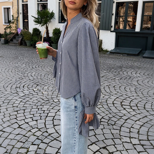 Damen Locker geschnittene Vichy-Karo-Bluse mit Stehkragen, Knopfleiste und Bindemanschetten Nord Taschen
