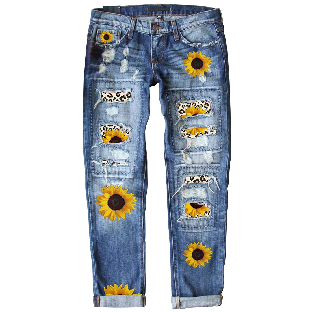 Damen verwaschene schmale Jeans mit Leopardenpatches und Glitzerbesatz Nord Taschen