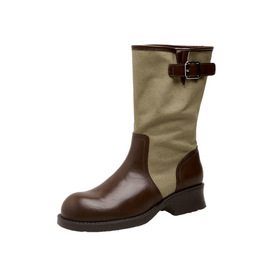 Damen Mid-Calf Stiefel aus Glattleder und Canvas mit Zier-Schnallenriemen Nord Taschen