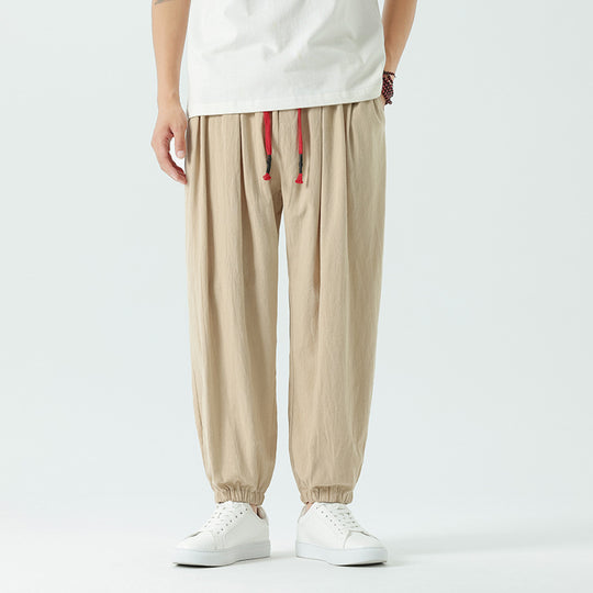 Herren locker geschnittene Leinen-Baumwoll Hose mit Kordelzug und elastischen Bündchen Nord Taschen