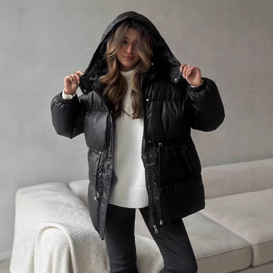 Damen Steppdaunenjacke mit tailliertem Kordelzug und Kapuze Nord Taschen