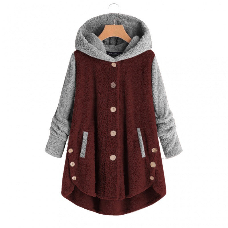 Damen Oversized Teddy-Mantel mit Kapuze, asymmetrischem Zipfelsaum und Holzknopf-Leiste Nord Taschen