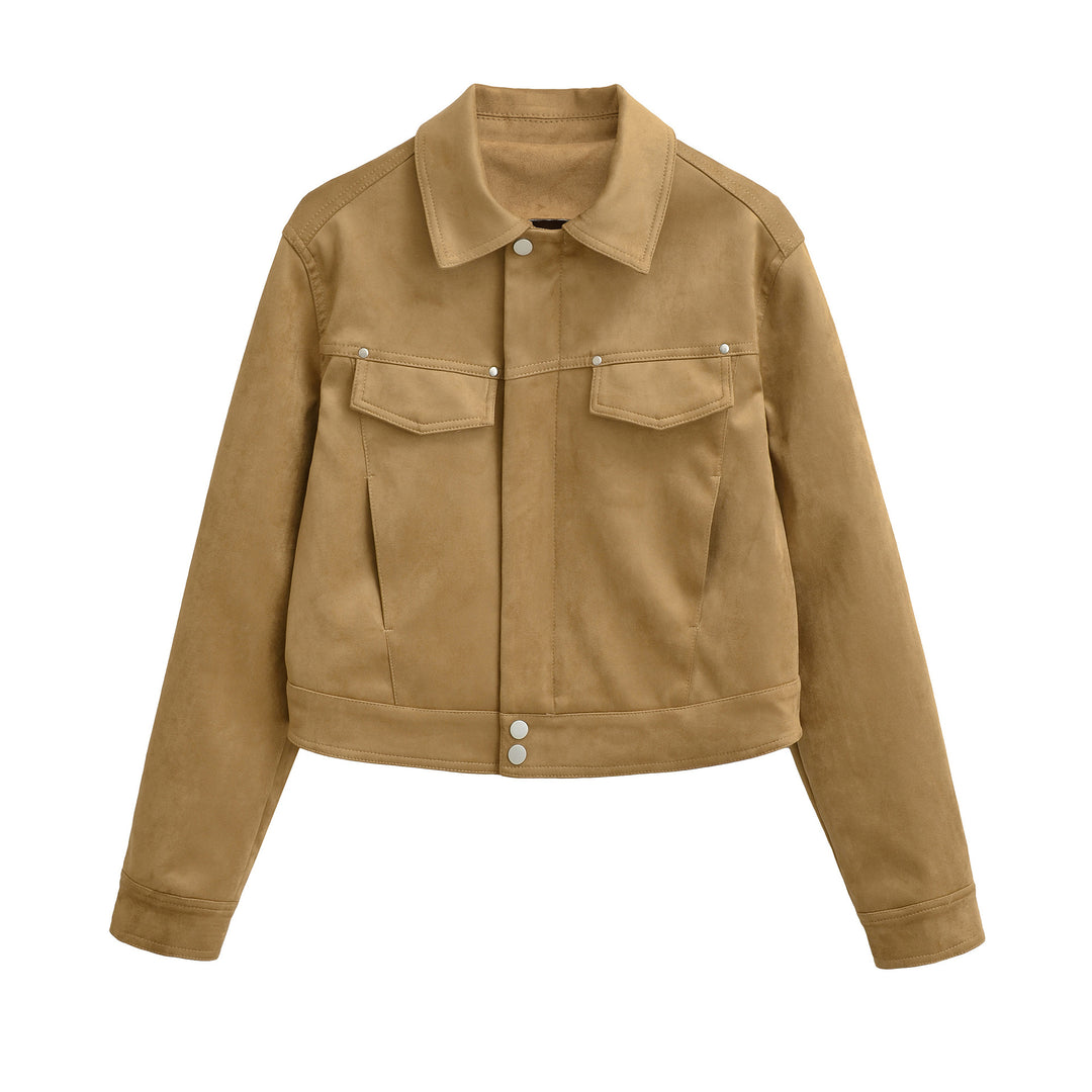 Damen Kurze Velours-Optik Jacke mit Druckknopf-Leiste und aufgesetzten Brusttaschen Nord Taschen