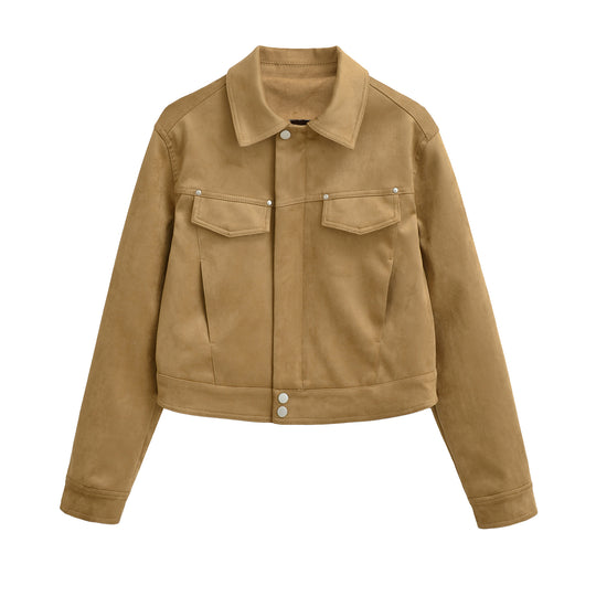 Damen Kurze Velours-Optik Jacke mit Druckknopf-Leiste und aufgesetzten Brusttaschen Nord Taschen