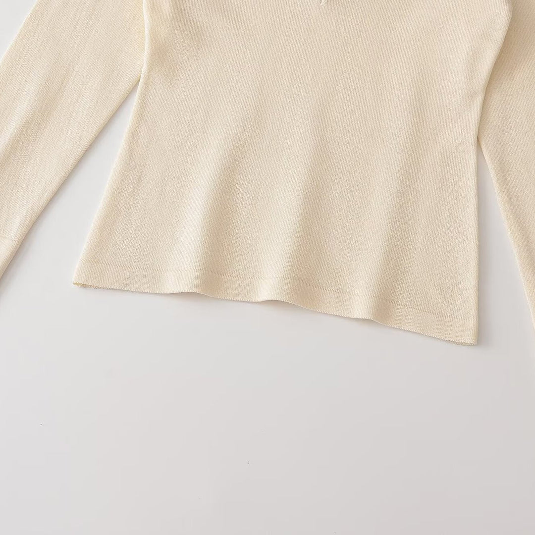 Damen Feinstrick-Longsleeve mit tiefem V-Ausschnitt und Hemdkragen Nord Taschen