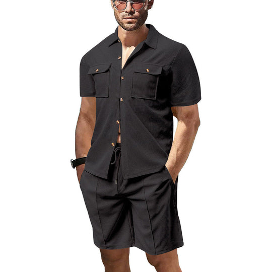 Herren nan modernes Kurzarm-Hemden-Set im Resortstil mit aufgesetzten Pattentaschen, offenem Reverskragen und Kordelzug-Bermuda aus Strukturjersey