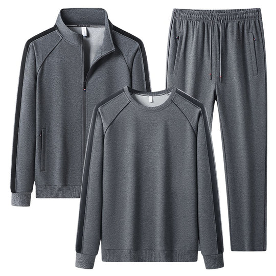 Herren Dreiteiliges Freizeit-Trainingsanzug-Set aus weichem French-Terry mit Reißverschlussjacke, Rundhals-Sweatshirt & Kordel-Jogginghose Nord Taschen