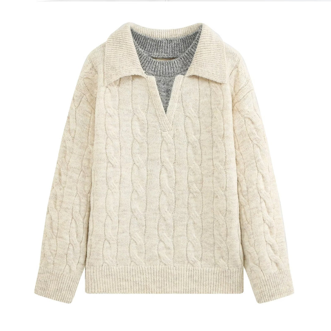 Damen Grobgestrickter Oversize-Pullover mit Polokragen und Zopfmuster Nord Taschen